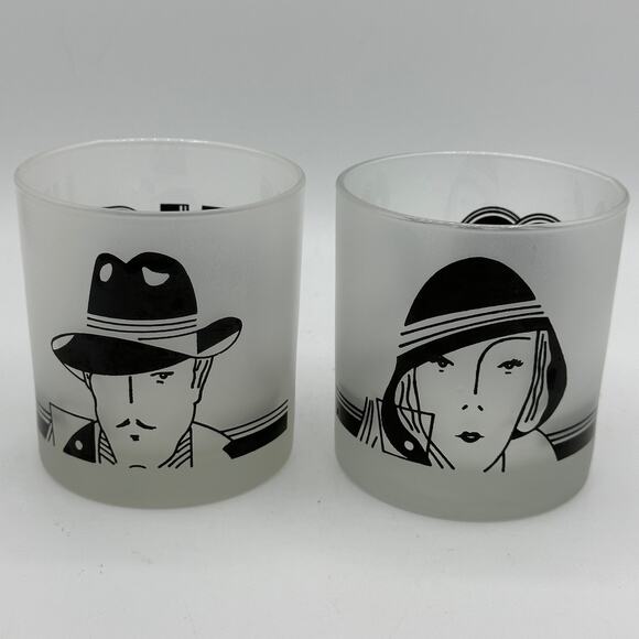 Vtg Ms. and His DOF Double Old Fashioned Lowball Art Deco Glasses Frosted Set/2 - Picture 2 of 6